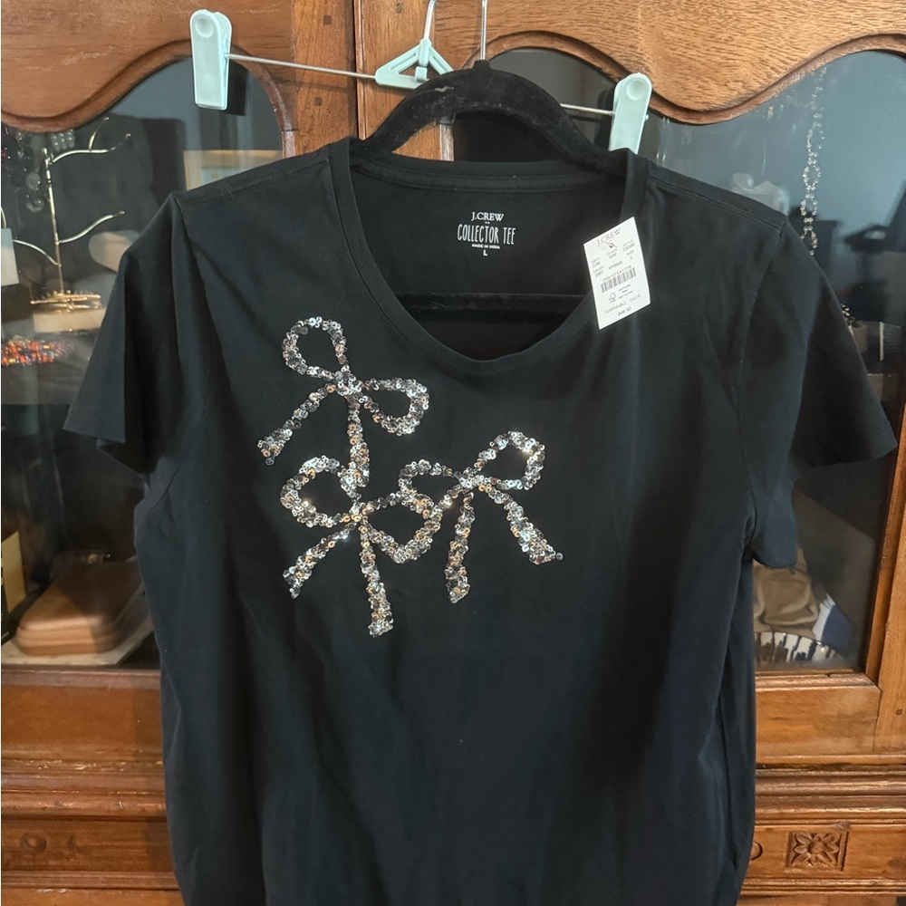NWT J CREW Black T-Shirt with Sequin Bow Design